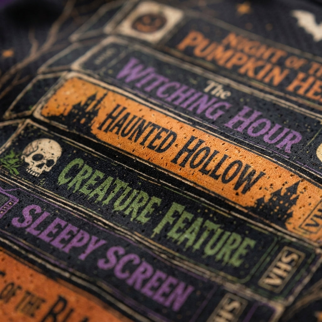 A close-up of a VHS-style tape cover featuring Halloween-themed titles including 'The Witching Hour,' 'Haunted Hollow,' 'Creature Feature,' and 'Sleepy Screen' in purple, green, and orange text on a dark textured background.