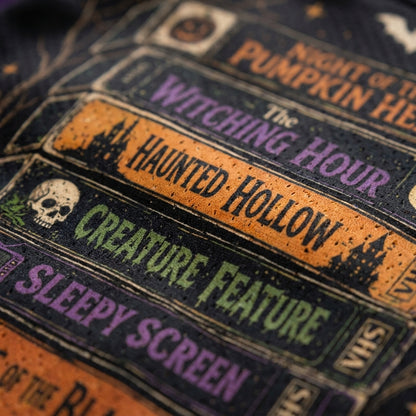 A close-up of a VHS-style tape cover featuring Halloween-themed titles including 'The Witching Hour,' 'Haunted Hollow,' 'Creature Feature,' and 'Sleepy Screen' in purple, green, and orange text on a dark textured background.