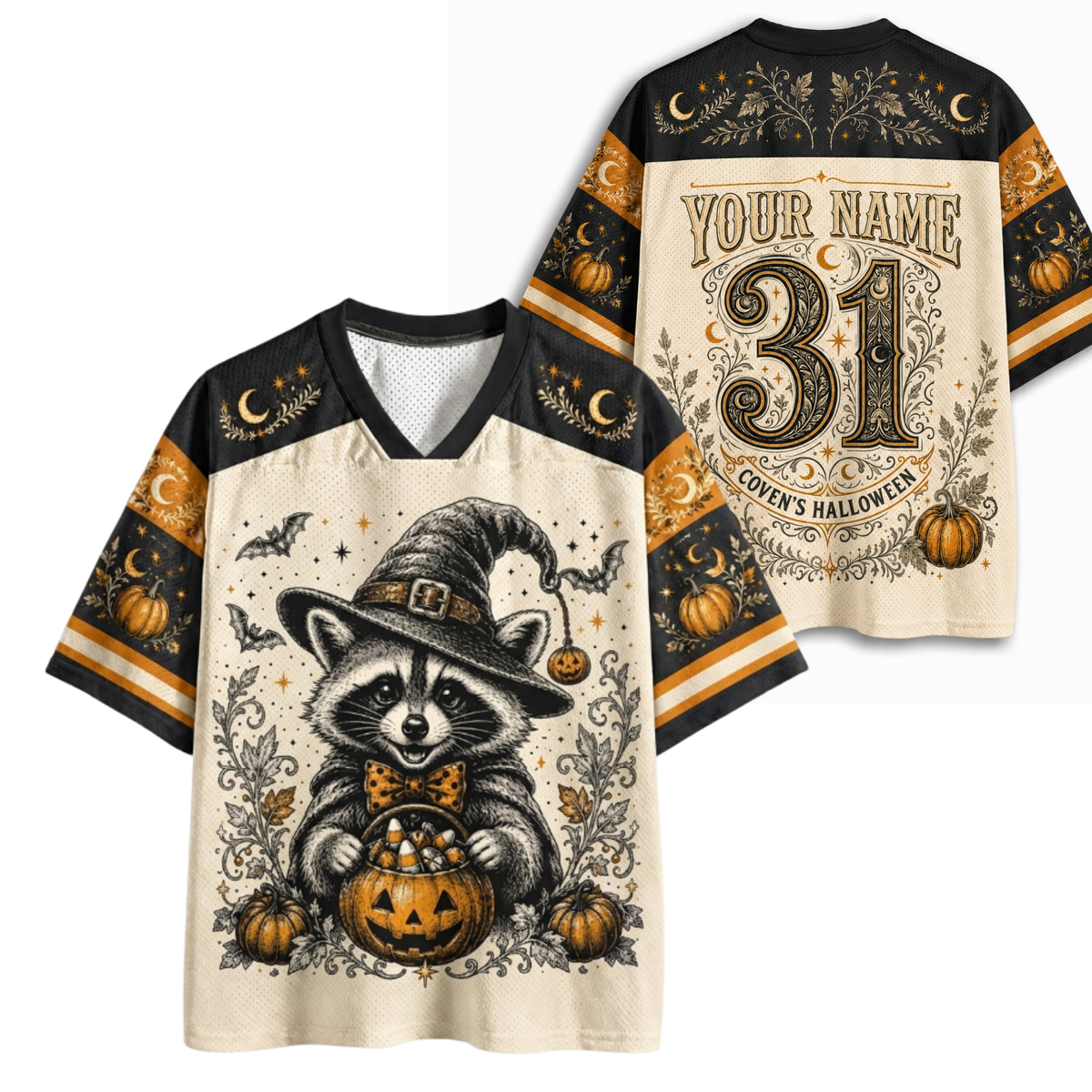 Chaotic Club Retro Vintage Halloween Spooky Season Mesh Jersey - front and back view with raccoon graphic and custom name