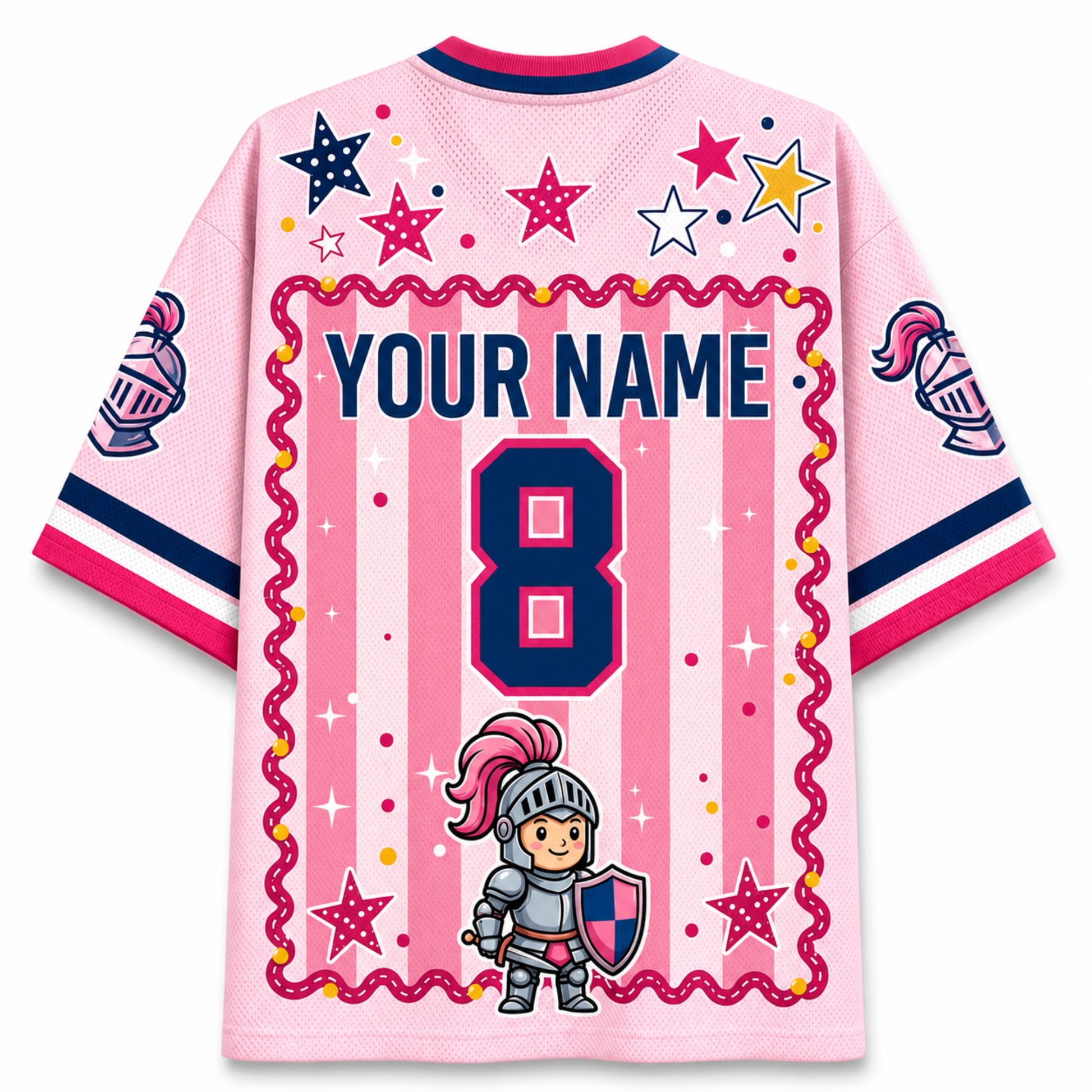 A pink personalized soccer jersey with a medieval theme, featuring a cartoon knight graphic, pink and navy vertical stripes, a wavy pink border, and customizable text 'YOUR NAME' and number '8' on the back.