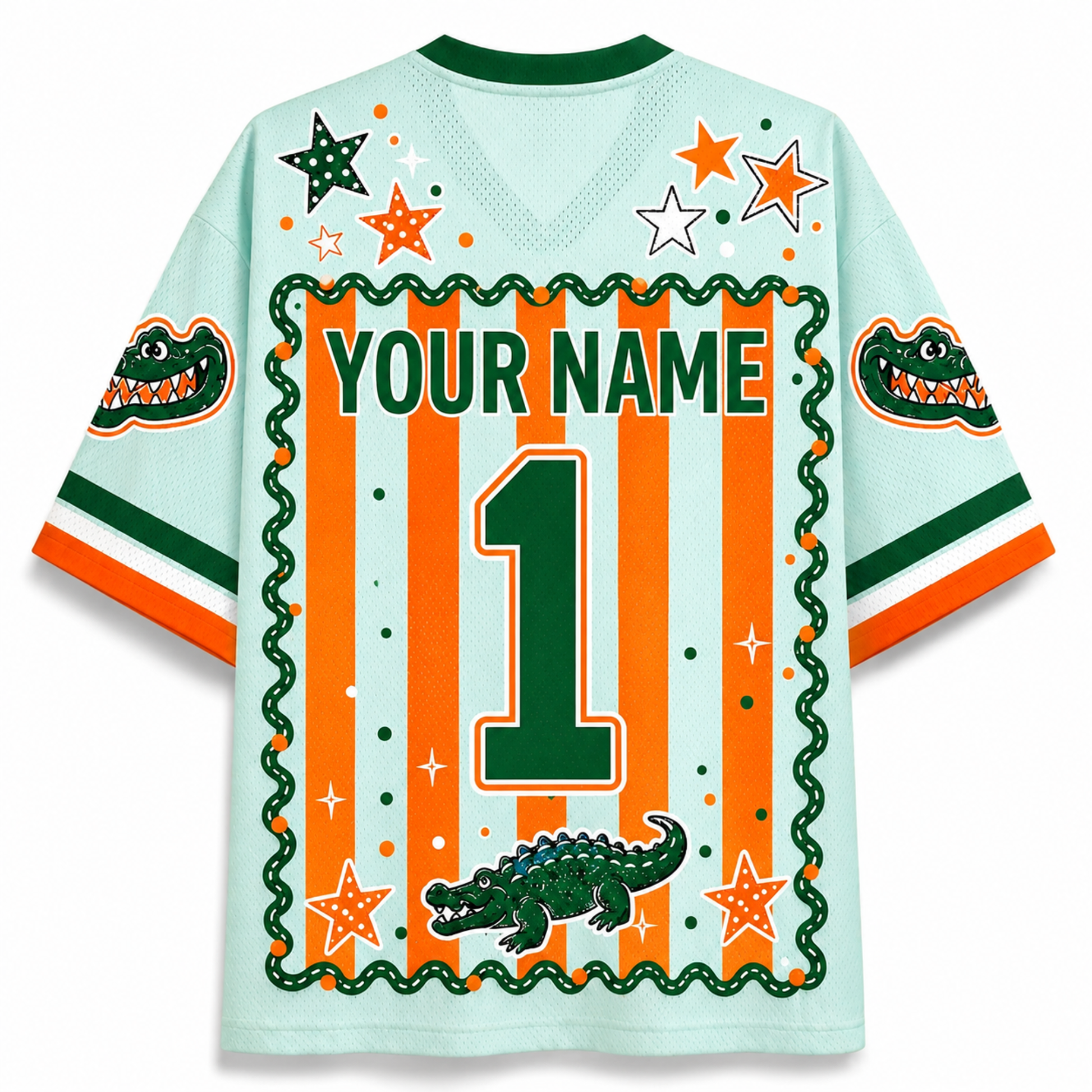 A custom Florida Gators themed jersey shown from the back, featuring orange and mint green vertical stripes, a green number 1, 'YOUR NAME' text, alligator graphics, and star accents.