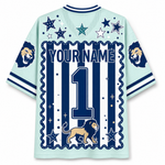 A light blue and navy blue custom sports jersey shown from the back, featuring a large number 1, 'YOUR NAME' text, a lion graphic, stars, and vertical stripes.
