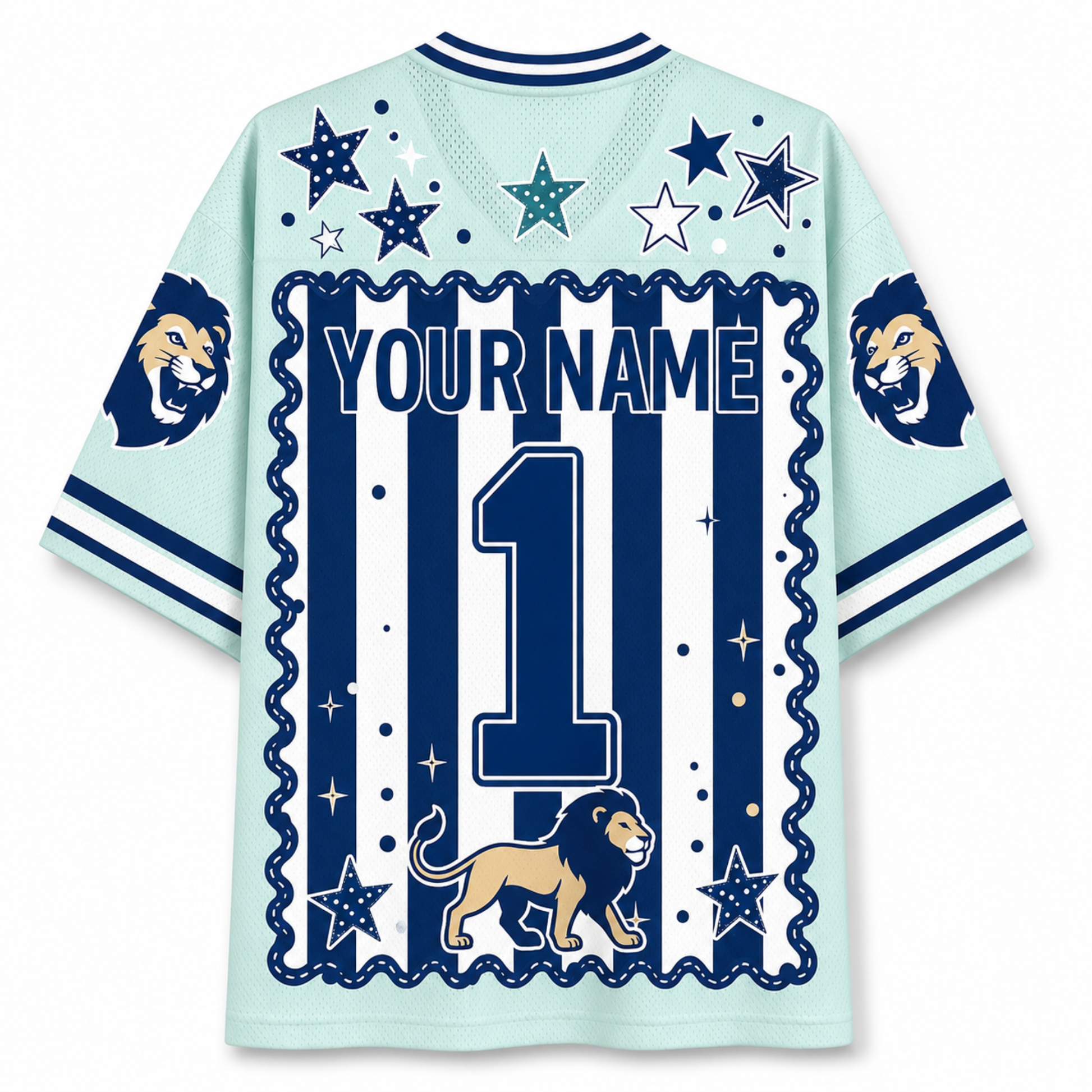 A light blue and navy blue custom sports jersey shown from the back, featuring a large number 1, 'YOUR NAME' text, a lion graphic, stars, and vertical stripes.