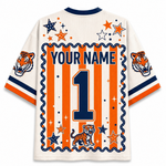 Customizable short-sleeve jersey shirt shown from the back, featuring orange and navy blue vertical stripes, a large navy number 1, 'YOUR NAME' text, tiger graphics on the sleeves and lower back, and star motifs on a white mesh background.