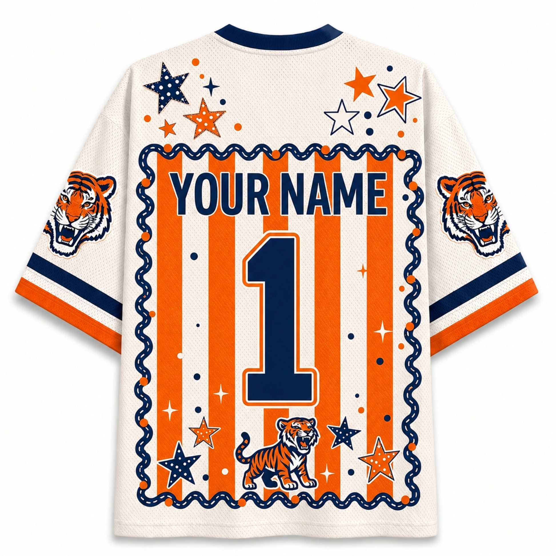 Customizable short-sleeve jersey shirt shown from the back, featuring orange and navy blue vertical stripes, a large navy number 1, 'YOUR NAME' text, tiger graphics on the sleeves and lower back, and star motifs on a white mesh background.
