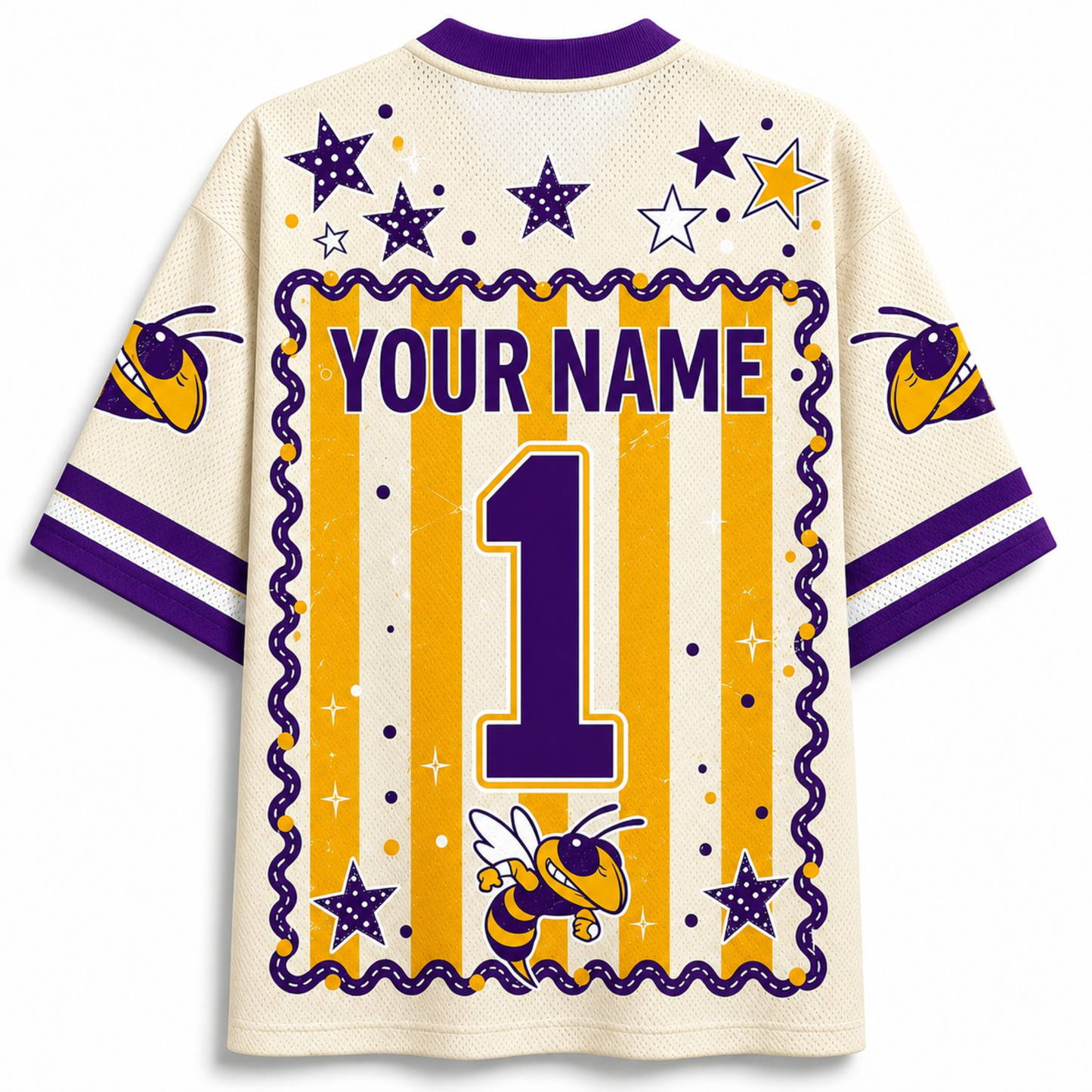 Customizable short-sleeve athletic jersey shown from the back, featuring purple and yellow bee graphics, stars, and a large customizable name and number 1 on a cream mesh background.