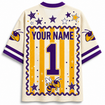 Customizable short-sleeve athletic jersey shown from the back, featuring purple and yellow bee graphics, stars, and a large customizable name and number 1 on a cream mesh background.