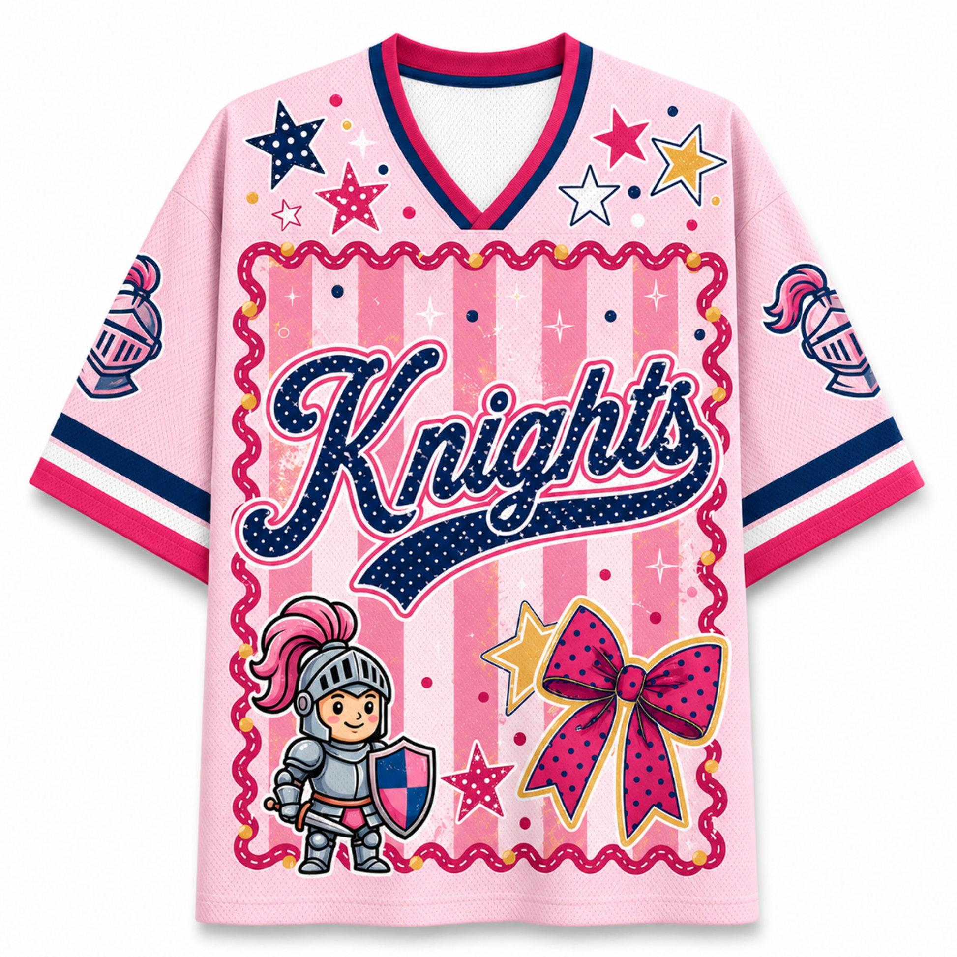 A pink short-sleeve V-neck jersey-style shirt with a cartoon knight graphic, the word 'Knights' in large script, stars, stripes, and a large bow on the front, shown on a plain white background.