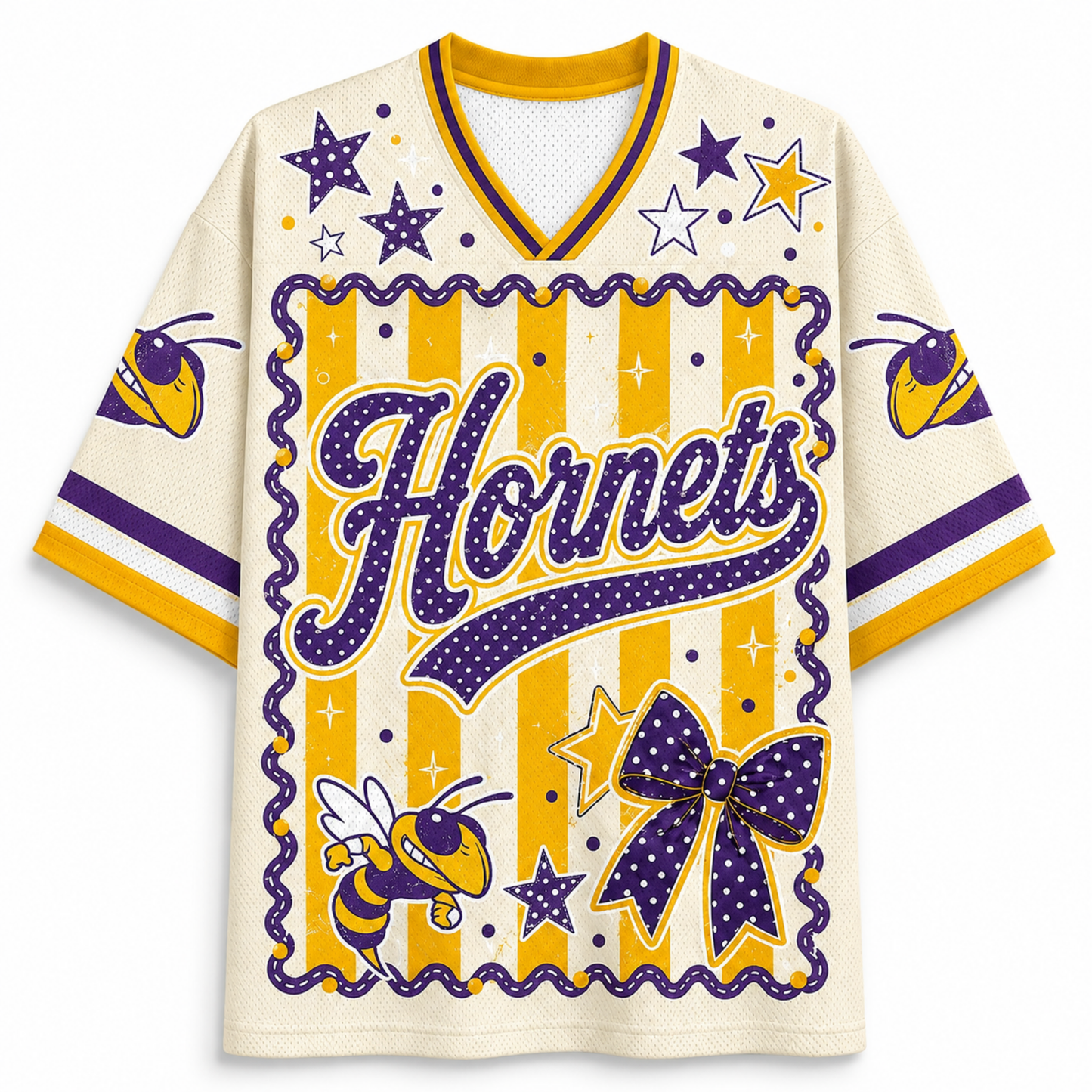 A cream-colored short-sleeve jersey with purple and yellow graphics, featuring the word 'Hornets' in large script, stars, stripes, a bow, and a hornet illustration on the front.