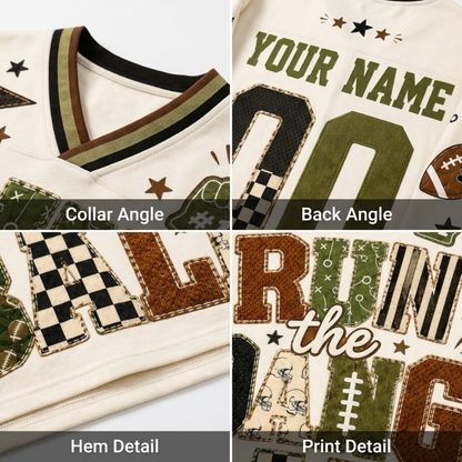 Four-panel close-up collage showing details of a custom football jersey: collar angle, back angle, hem detail, and print detail. The jersey is cream-colored with olive green, black, brown, and tan patchwork lettering and football-themed graphics.