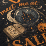 Macro close-up shot of the graphic on mesh fabric, focusing on the high-definition vintage woodcut textures of the 'SPELLS & CHARMS' book, broom fibers, and carved pumpkin.
