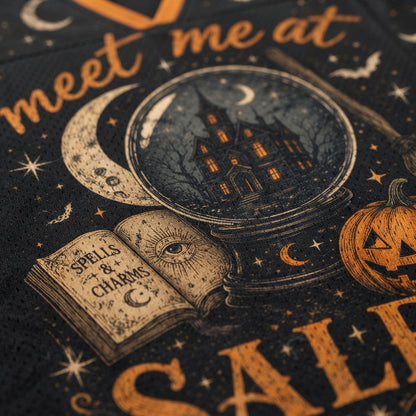 Macro close-up shot of the graphic on mesh fabric, focusing on the high-definition vintage woodcut textures of the 'SPELLS & CHARMS' book, broom fibers, and carved pumpkin.