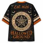 Back view of the Chaotic Club Halloween jersey displaying 'Est. 1626' and 'HALLOWED GROUND' surrounding a large circular Witch City Salem Elders Coven pentagram seal.