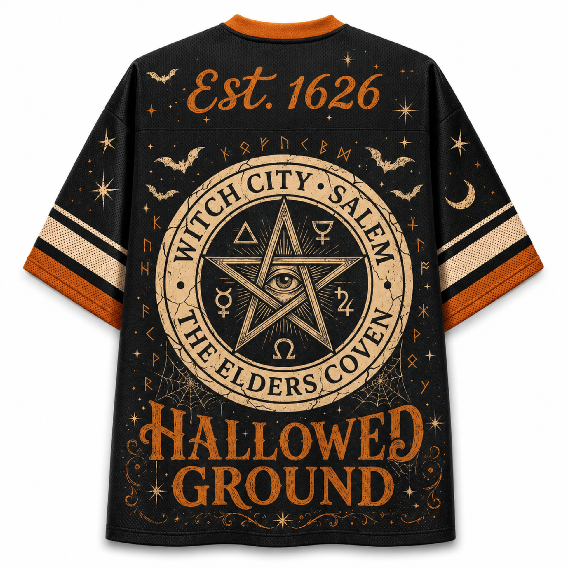 Back view of the Chaotic Club Halloween jersey displaying 'Est. 1626' and 'HALLOWED GROUND' surrounding a large circular Witch City Salem Elders Coven pentagram seal.