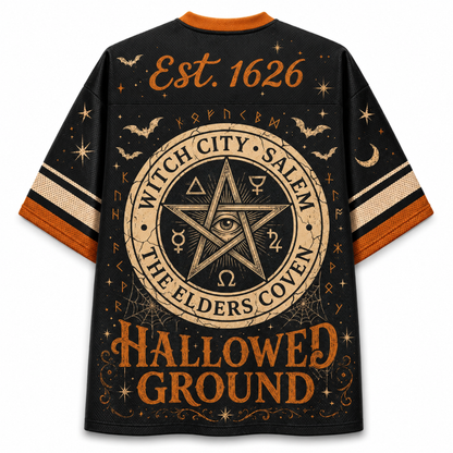 Back view of the Chaotic Club Halloween jersey displaying 'Est. 1626' and 'HALLOWED GROUND' surrounding a large circular Witch City Salem Elders Coven pentagram seal.
