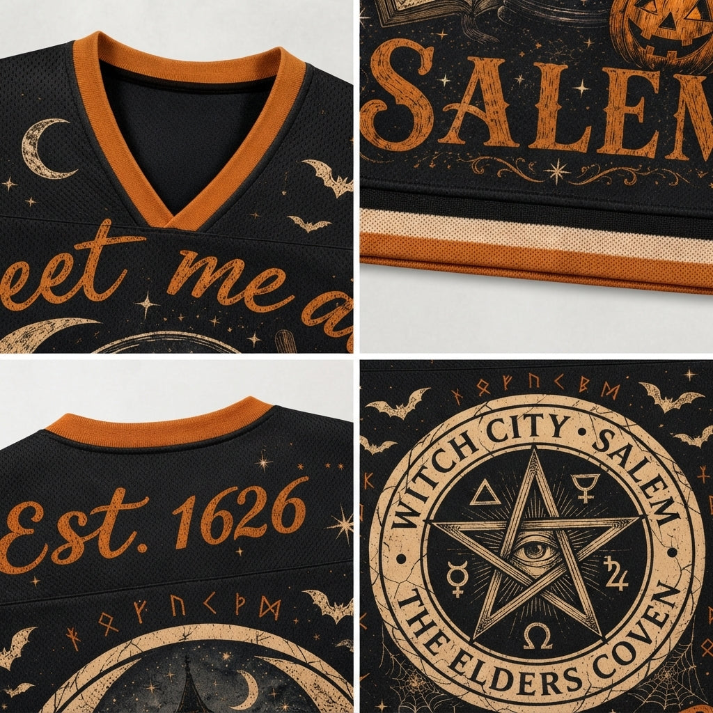Product compilation highlighting the orange ribbed V-neck collar, cream and orange athletic sleeve stripes, celestial moon stars, and high-resolution mesh fabric print.