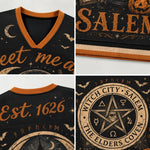 Product compilation highlighting the orange ribbed V-neck collar, cream and orange athletic sleeve stripes, celestial moon stars, and high-resolution mesh fabric print.