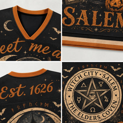 Product compilation highlighting the orange ribbed V-neck collar, cream and orange athletic sleeve stripes, celestial moon stars, and high-resolution mesh fabric print.