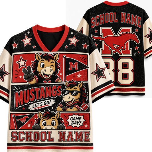 A custom sports jersey shown from both front and back, featuring a black, red, and cream design with cartoon horse mascots, stars, and placeholder text for school name and number 8.