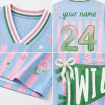 A four-panel collage showing a light blue V-neck short-sleeve top with pink and green striped trim, pink and light blue vertical stripes, white stars, a pink flower motif, and customizable printed areas including 'your name', the number '24', and a green banner reading 'WIS'.