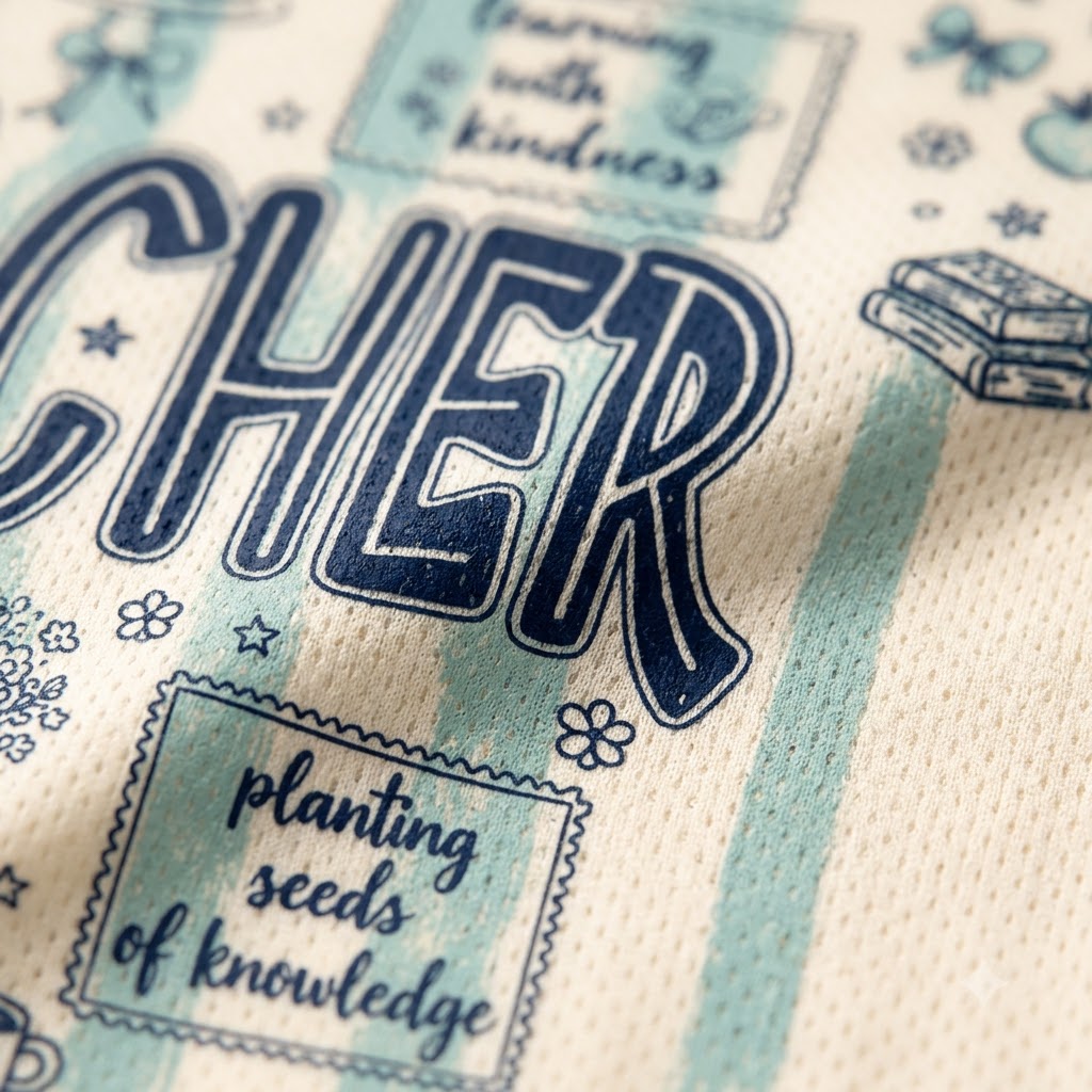 Close-up of a cream-colored fabric item, likely a towel or blanket, featuring navy blue text that reads 'TEACHER' and decorative illustrations in a light blue and navy design.