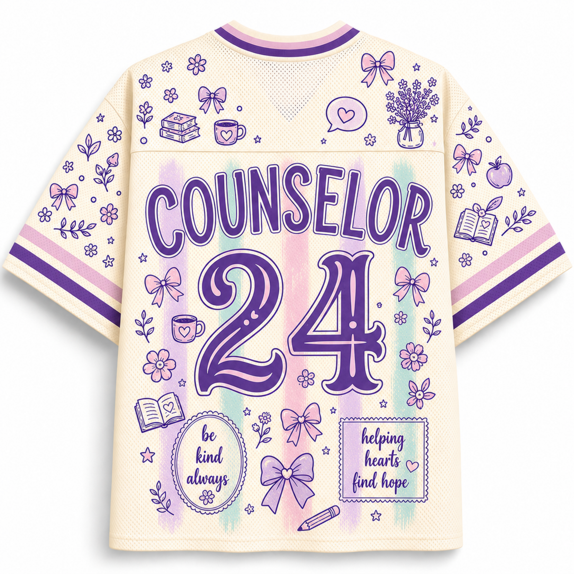 A cream-colored short-sleeve athletic jersey with purple and pastel watercolor accents, featuring the word 'COUNSELOR' and the number '24' on the back, surrounded by cute illustrations like bows, flowers, books, and hearts.