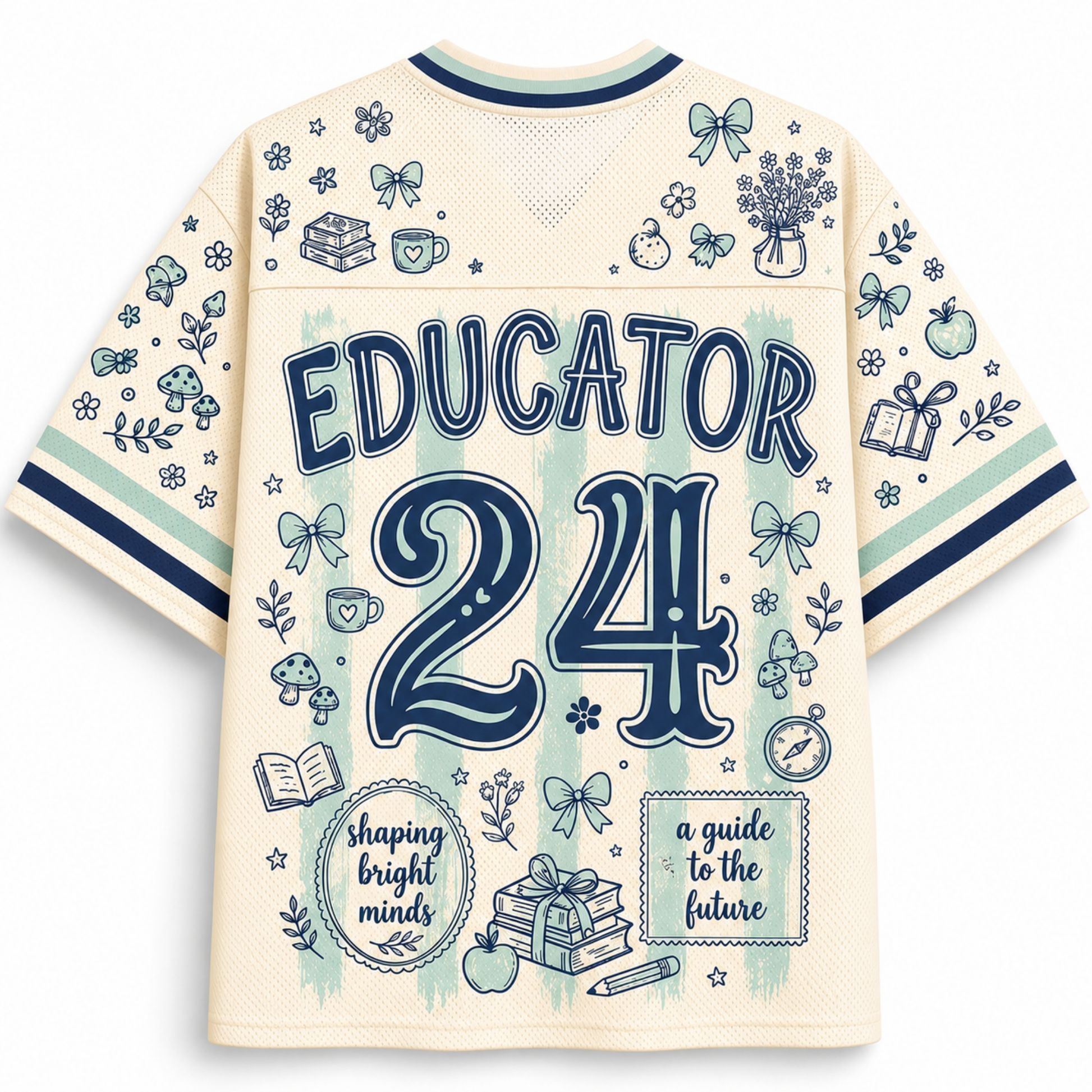 The back of a cream-colored short-sleeve athletic jersey with navy blue graphics and text reading 'EDUCATOR 24'. The jersey features a mesh back panel, ribbed collar and cuffs, and is decorated with various school-themed doodles including books, bows, apples, and a gift box.
