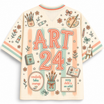 A cream-colored short-sleeve t-shirt with a colorful graphic print on the back. The design features the text 'ART 24' in large coral-pink letters over vertical pastel stripes, surrounded by illustrations of art supplies, flowers, a paint palette, and motivational quotes.