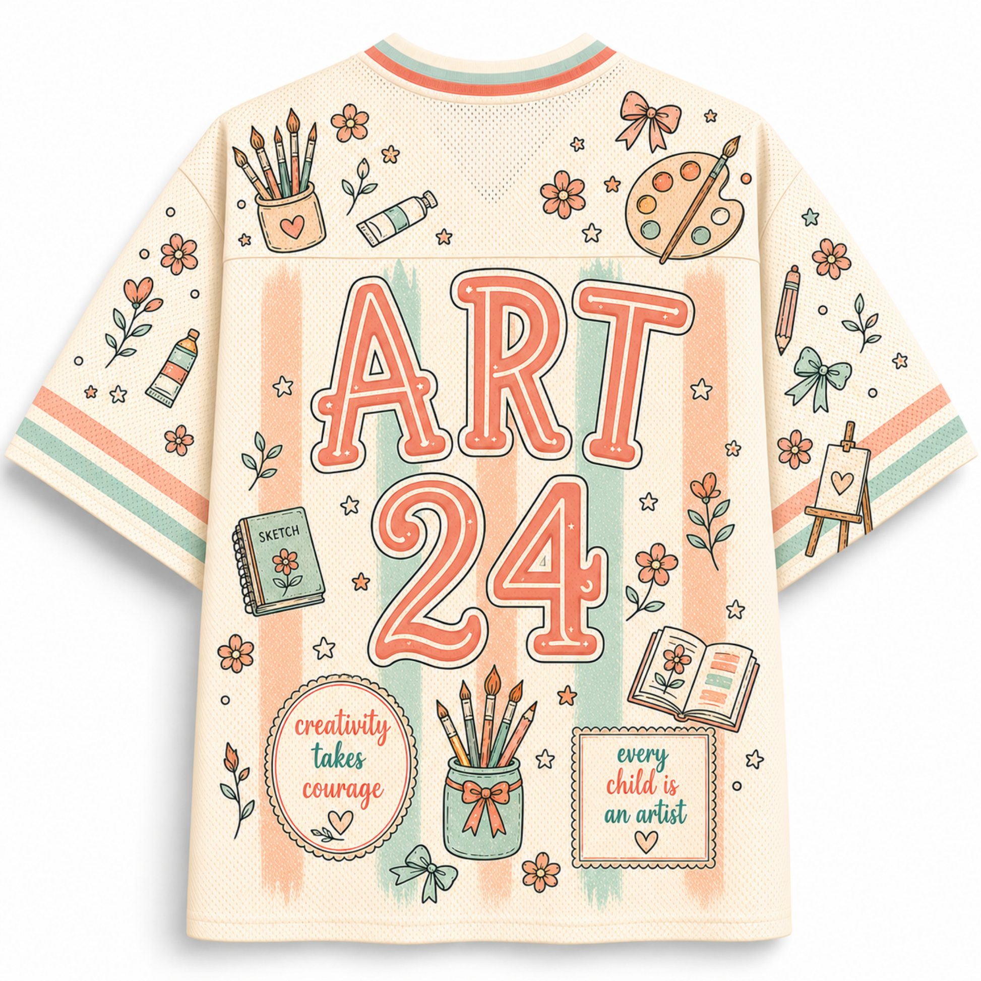 A cream-colored short-sleeve t-shirt with a colorful graphic print on the back. The design features the text 'ART 24' in large coral-pink letters over vertical pastel stripes, surrounded by illustrations of art supplies, flowers, a paint palette, and motivational quotes.
