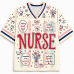A cream-colored short-sleeve V-neck jersey-style top with navy and pink trim, decorated with medical-themed illustrations and the word 'NURSE' in large red letters across the front.