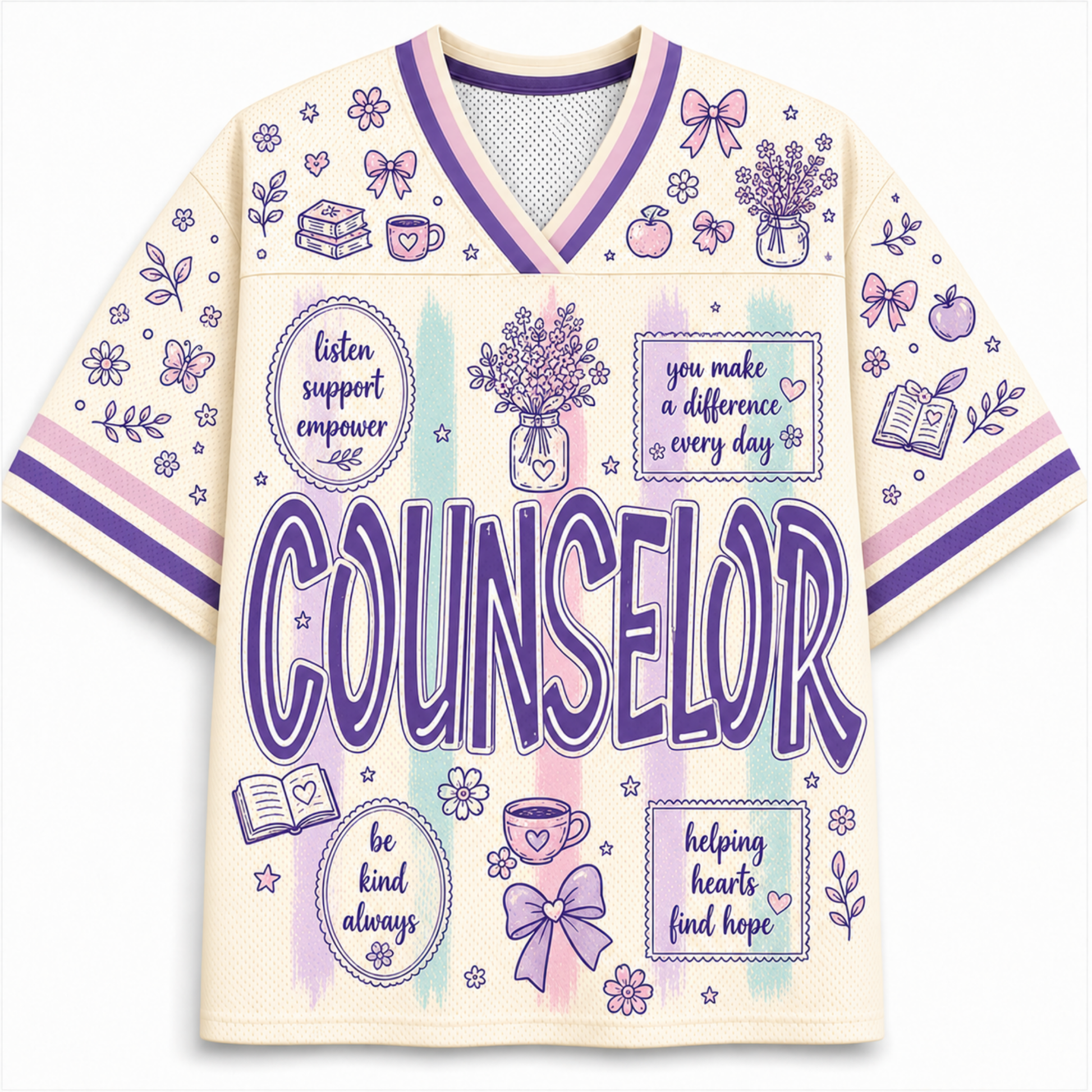 A cream-colored short-sleeve V-neck jersey-style top with purple and pink trim, decorated with pastel illustrations and the word 'COUNSELOR' in large purple letters across the front.