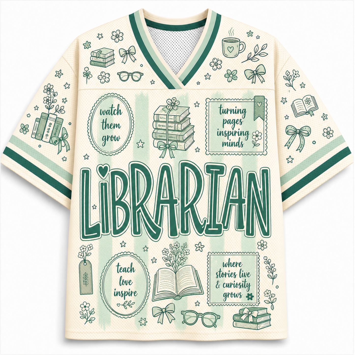 A cream-colored short-sleeve V-neck t-shirt with green and light green illustrations and text celebrating the librarian profession, including the word 'LIBRARIAN' in large green letters.