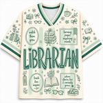 A cream-colored short-sleeve V-neck t-shirt with green and light green illustrations and text celebrating the librarian profession, including the word 'LIBRARIAN' in large green letters.