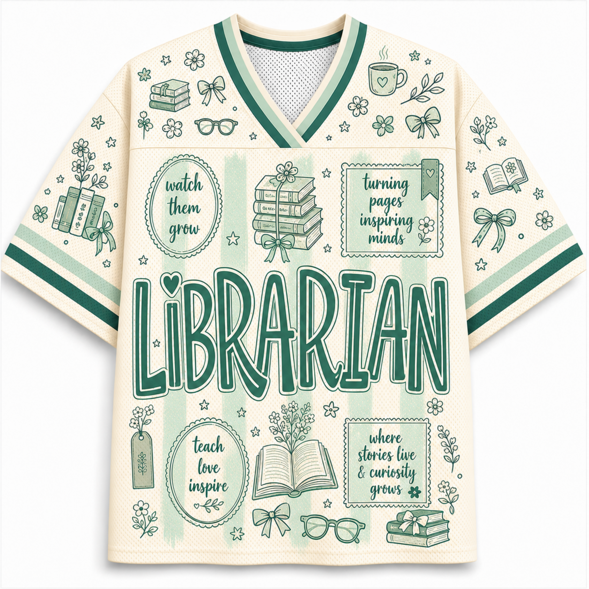 A cream-colored short-sleeve V-neck t-shirt with green and light green illustrations and text celebrating the librarian profession, including the word 'LIBRARIAN' in large green letters.