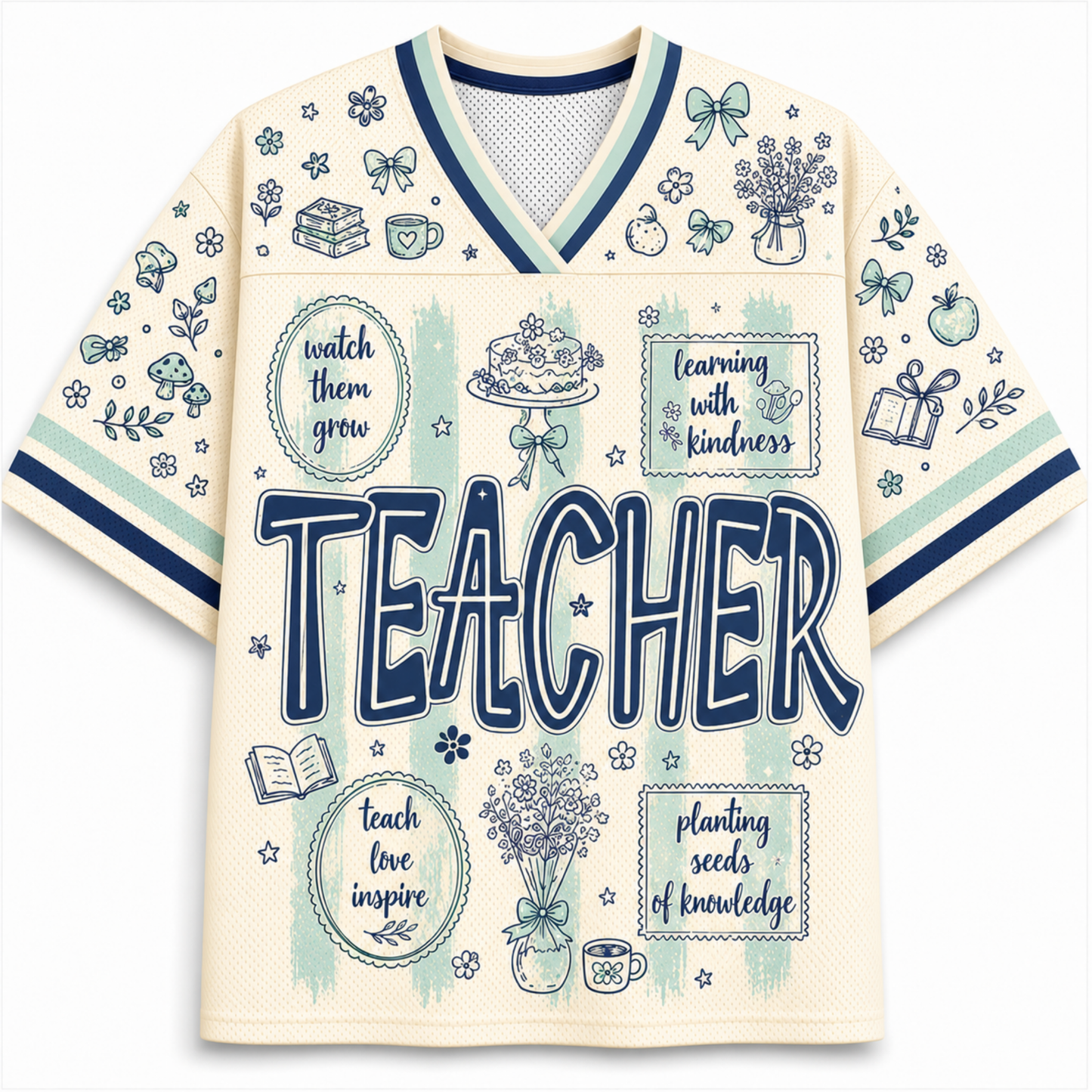 A cream-colored short-sleeve V-neck t-shirt with navy blue and mint green graphics, featuring the word 'TEACHER' in large navy letters with a white outline, surrounded by school-themed illustrations like books, flowers, and coffee cups.