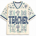 A cream-colored short-sleeve V-neck t-shirt with navy blue and mint green graphics, featuring the word 'TEACHER' in large navy letters with a white outline, surrounded by school-themed illustrations like books, flowers, and coffee cups.
