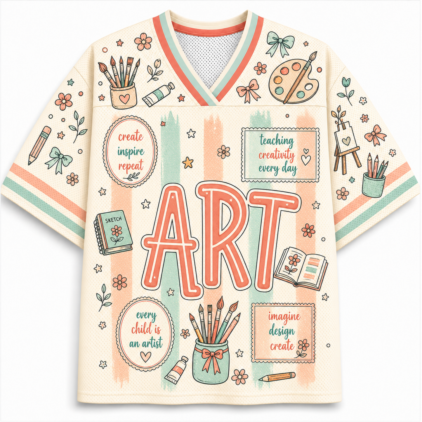 A short-sleeve V-neck athletic-style shirt with a cream base and colorful art-themed graphics, including the word ART in large letters, paint palettes, pencils, books, stars, and decorative text boxes.