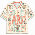 A short-sleeve V-neck athletic-style shirt with a cream base and colorful art-themed graphics, including the word ART in large letters, paint palettes, pencils, books, stars, and decorative text boxes.