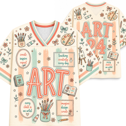 A cream-colored V-neck athletic jersey shown from both the front and back, decorated with colorful art-themed doodles, paint palettes, paintbrushes, and text like 'ART 24' and 'every child is an artist.'.