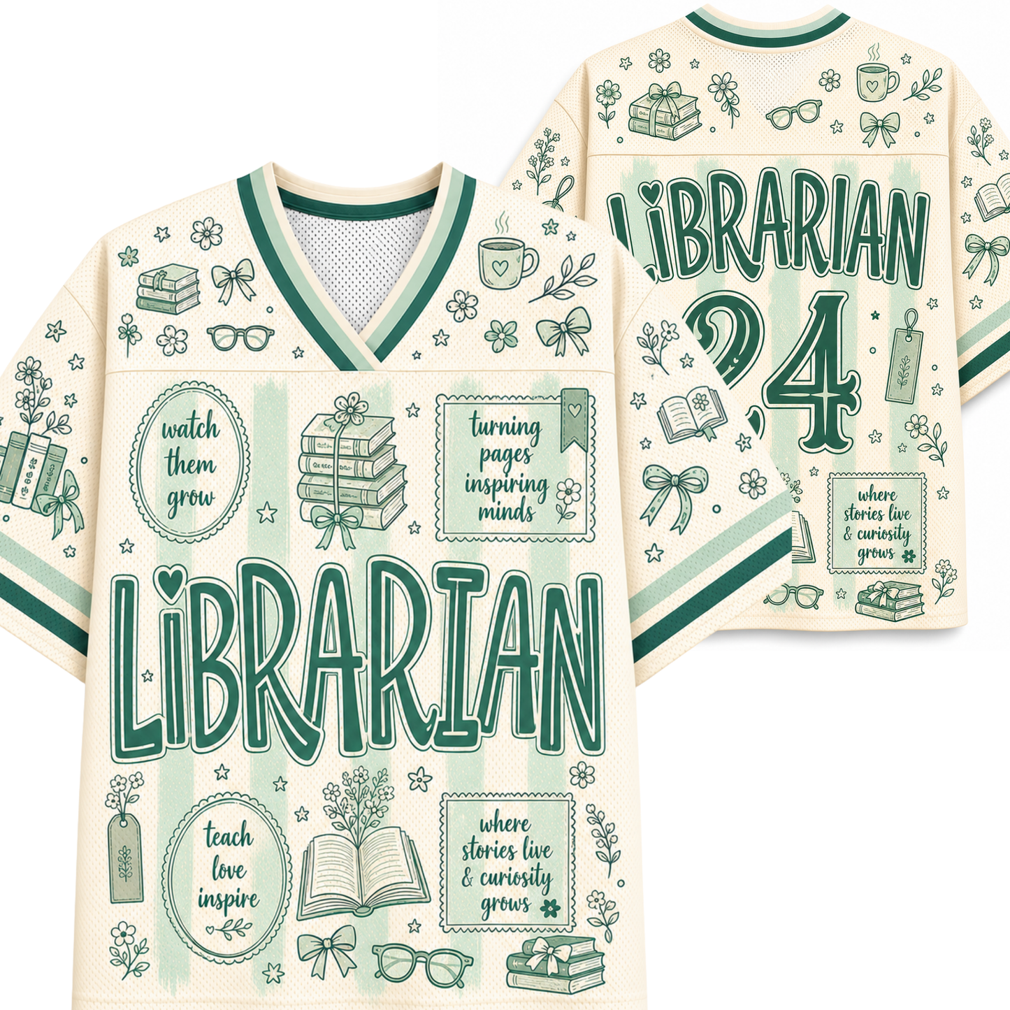 A cream-colored V-neck jersey-style shirt shown from the front and back, decorated with green and mint illustrations of books, bookselves, glasses, and quotes, with the word 'LIBRARIAN' and the number '24' printed prominently.
