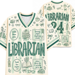 A cream-colored V-neck jersey-style shirt shown from the front and back, decorated with green and mint illustrations of books, bookselves, glasses, and quotes, with the word 'LIBRARIAN' and the number '24' printed prominently.