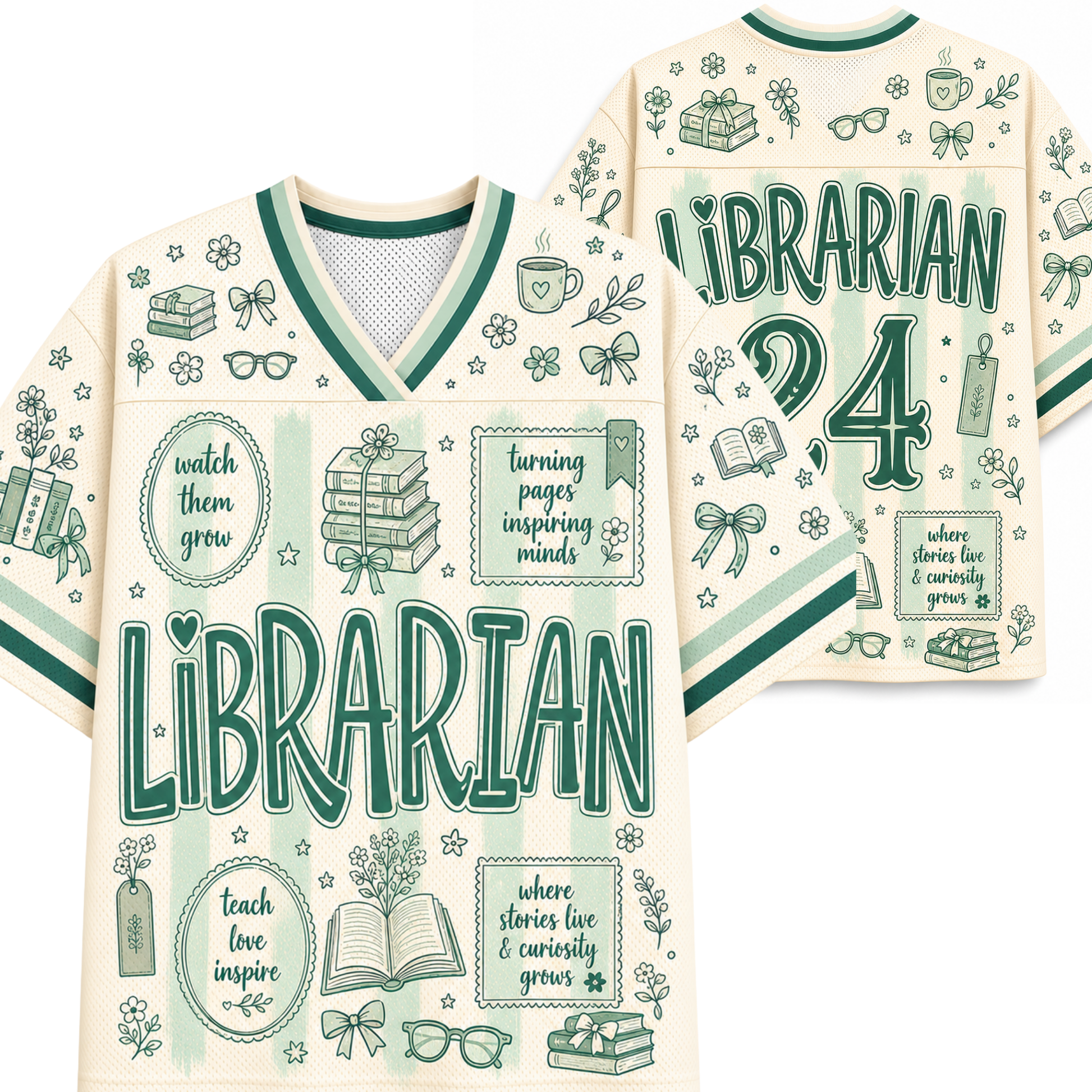 A cream-colored V-neck jersey-style shirt shown from the front and back, decorated with green and mint illustrations of books, bookselves, glasses, and quotes, with the word 'LIBRARIAN' and the number '24' printed prominently.