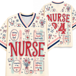 A cream-colored athletic-style nurse jersey shown from both the front and back. The jersey features a V-neck with navy and pink trim, decorated with various medical-themed illustrations (stethoscopes, bandages, vials, flowers) and large red text reading 'NURSE' on the front and 'NURSE 24' on the back.