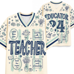 A cream-colored V-neck jersey-style shirt shown from the front and back, decorated with navy blue text reading 'TEACHER' and 'EDUCATOR 24' and surrounded by small school-themed illustrations such as books, flowers, bows, and chalkboard drawings.