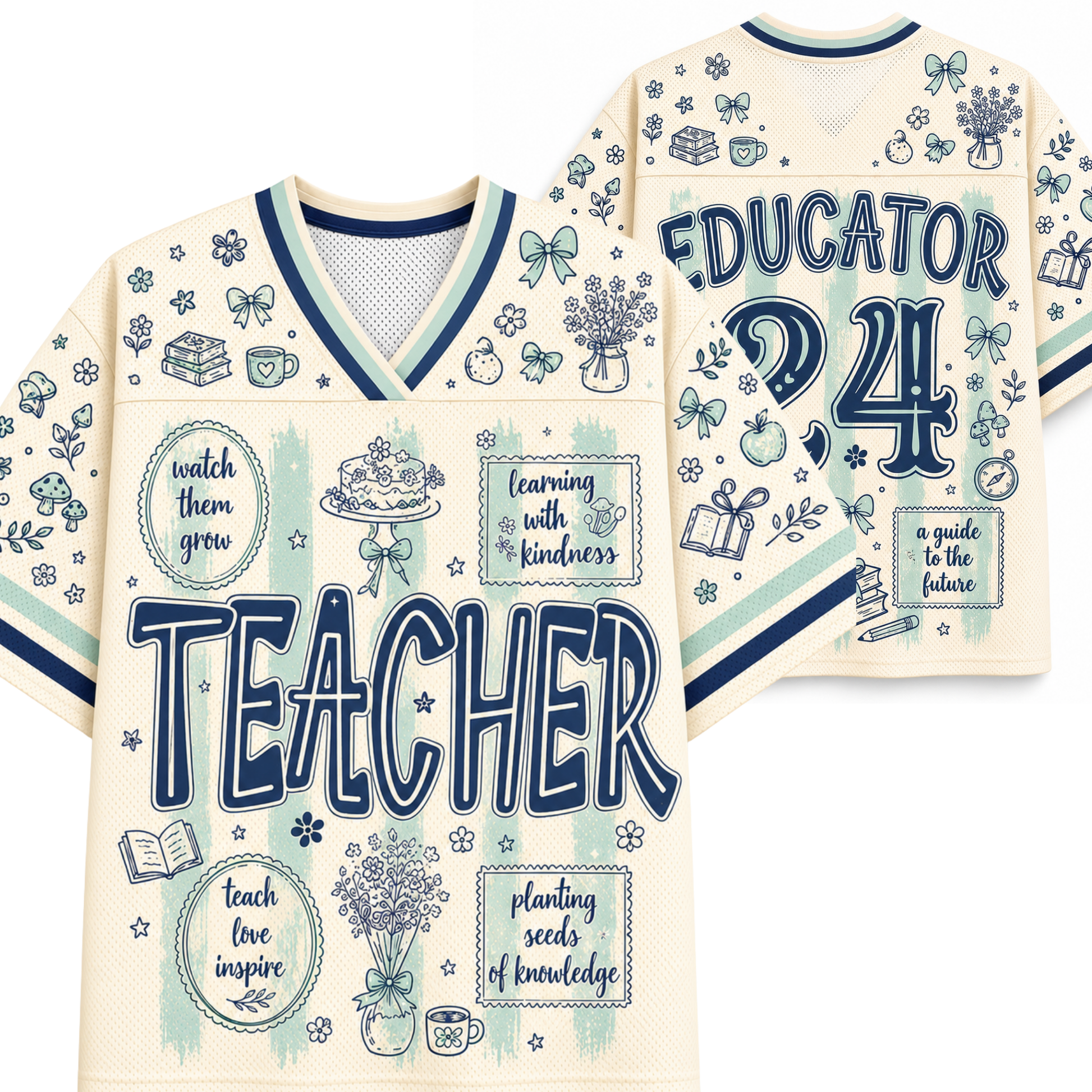 A cream-colored V-neck jersey-style shirt shown from the front and back, decorated with navy blue text reading 'TEACHER' and 'EDUCATOR 24' and surrounded by small school-themed illustrations such as books, flowers, bows, and chalkboard drawings.