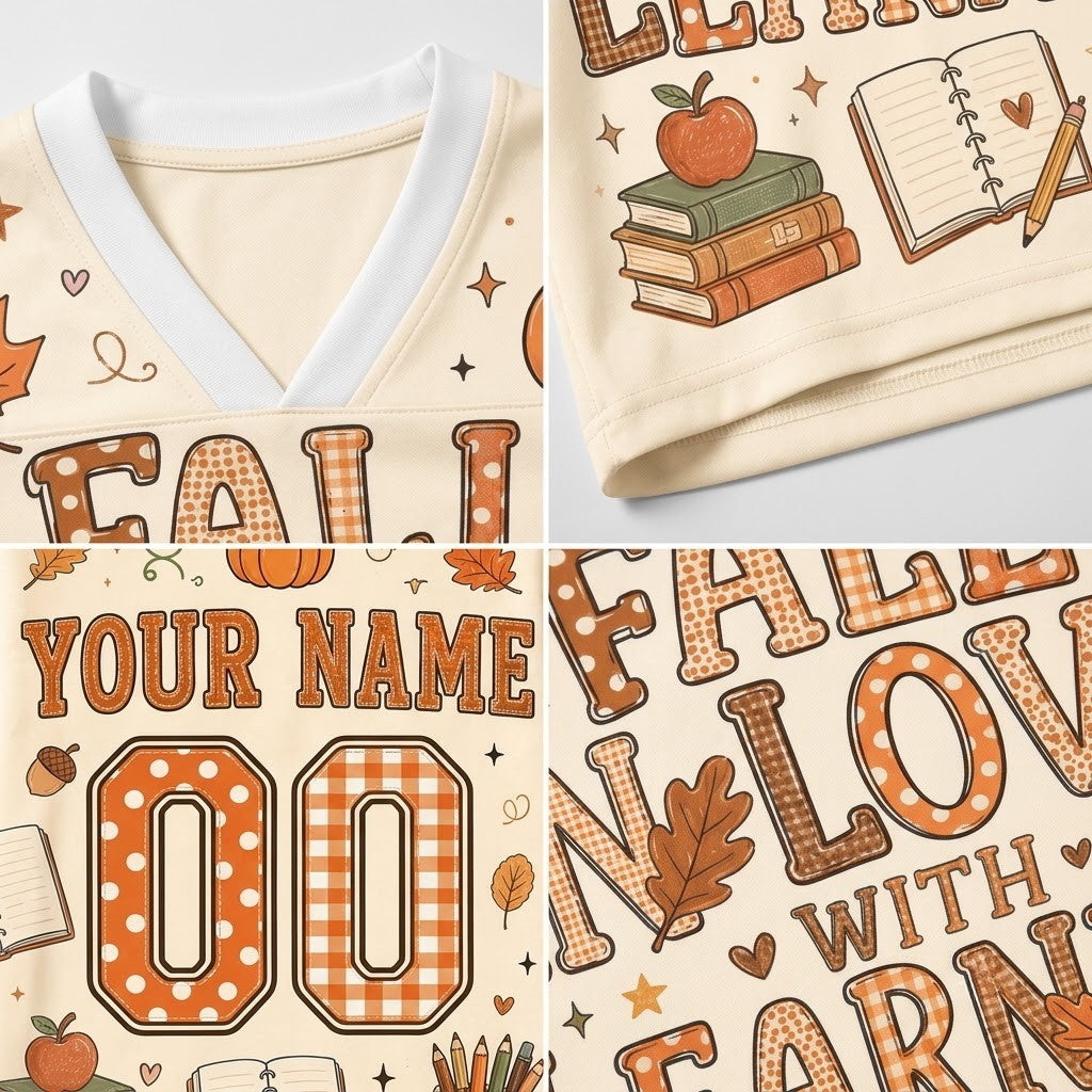 A four-panel close-up collage of a cream-colored custom sports jersey fabric design featuring autumn and school themes. The design includes orange and brown gingham patterns, a red apple, books, stars, leaves, and customizable text placeholders like 'YOUR NAME' and '00'.
