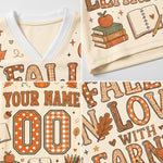 A four-panel close-up collage of a cream-colored custom sports jersey fabric design featuring autumn and school themes. The design includes orange and brown gingham patterns, a red apple, books, stars, leaves, and customizable text placeholders like 'YOUR NAME' and '00'.