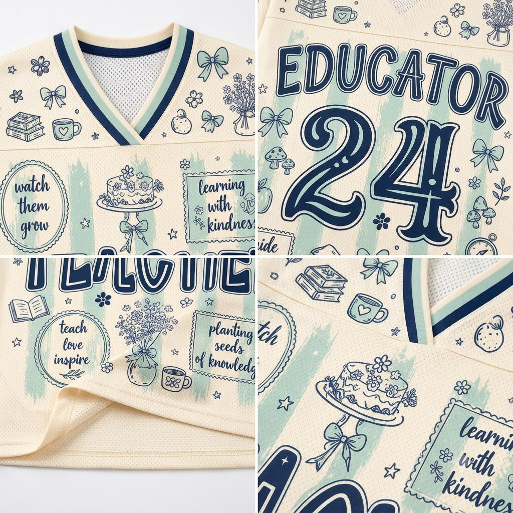 A collage showing close-up details of a cream-colored V-neck jersey or sweatshirt with navy and mint green graphics. The design features the word 'EDUCATOR' in large navy letters, the number '24', and various school-themed doodles like books, cupcakes, and bows, along with inspirational quotes.