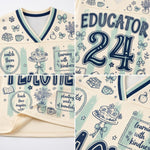 A collage showing close-up details of a cream-colored V-neck jersey or sweatshirt with navy and mint green graphics. The design features the word 'EDUCATOR' in large navy letters, the number '24', and various school-themed doodles like books, cupcakes, and bows, along with inspirational quotes.