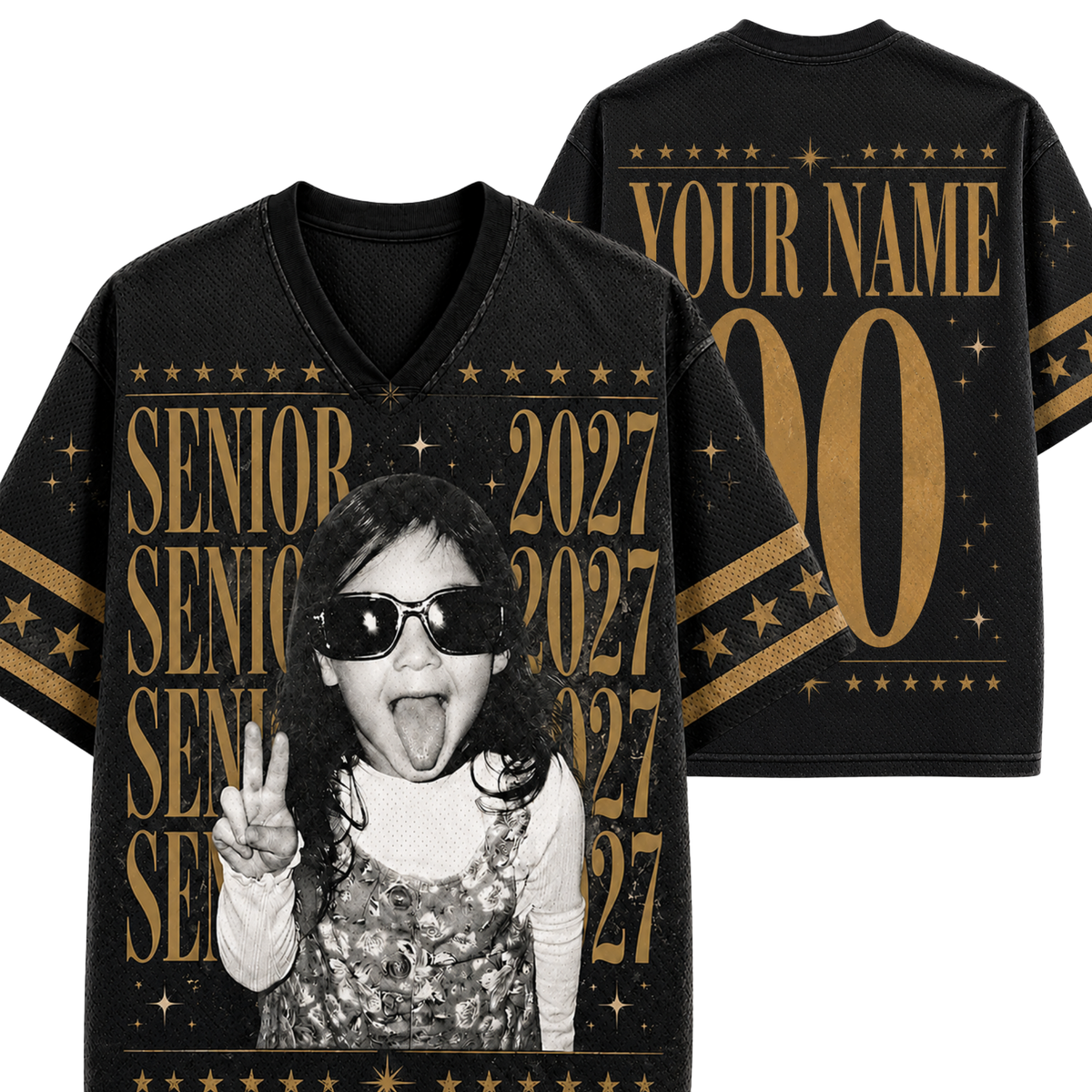 Front and back view of Chaotic Club Senior Class Vintage Bootleg Graduation Mesh Jersey in washed black and gold with customizable back.